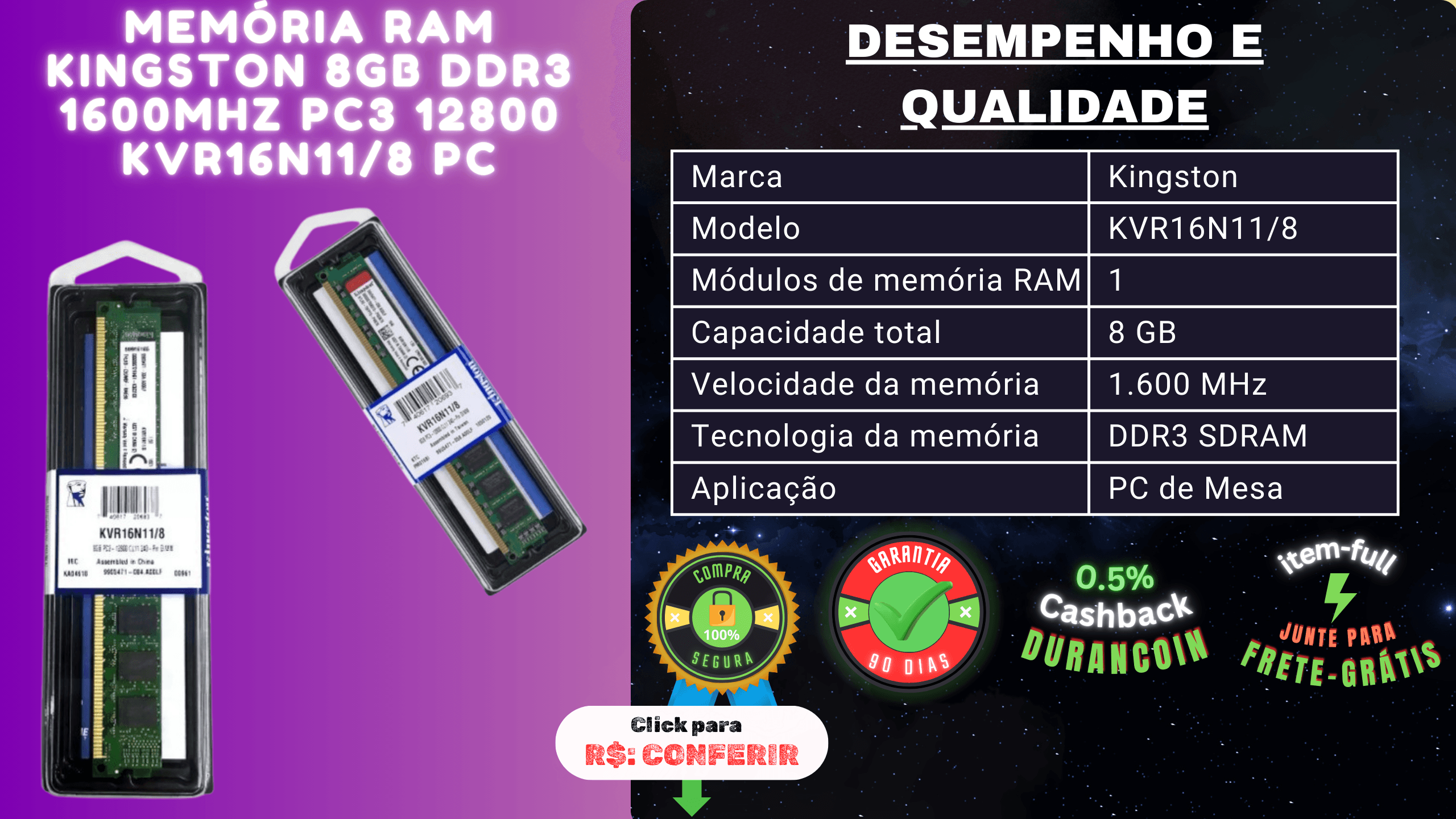Memória RAM Kingston 8GB Ddr3